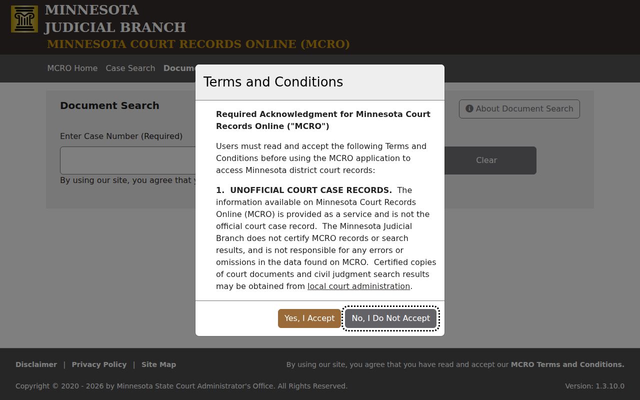Washington County case lookup document search screen