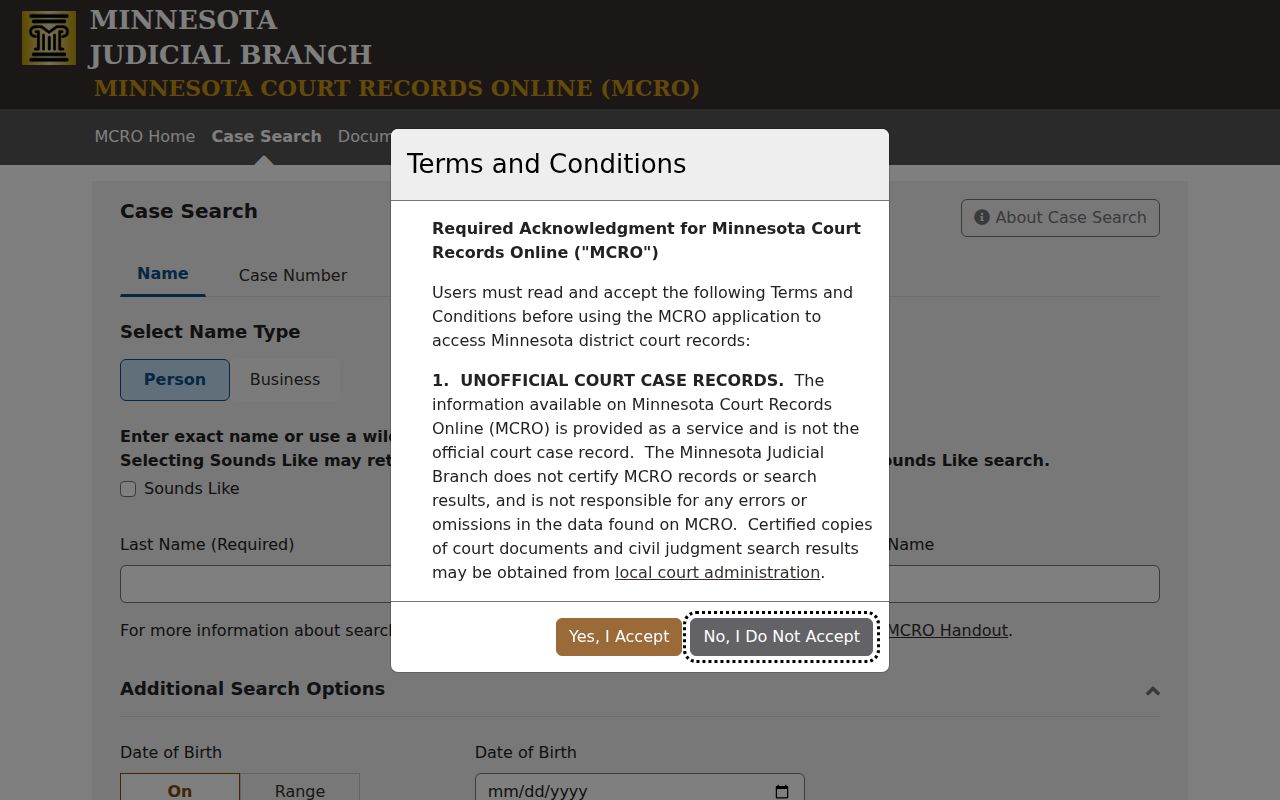 Washington County case lookup MCRO case search screen