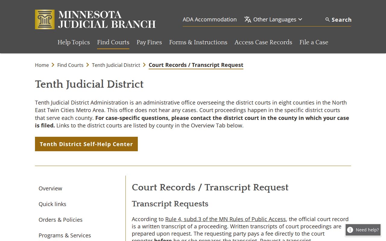 Washington County court record and transcript request information