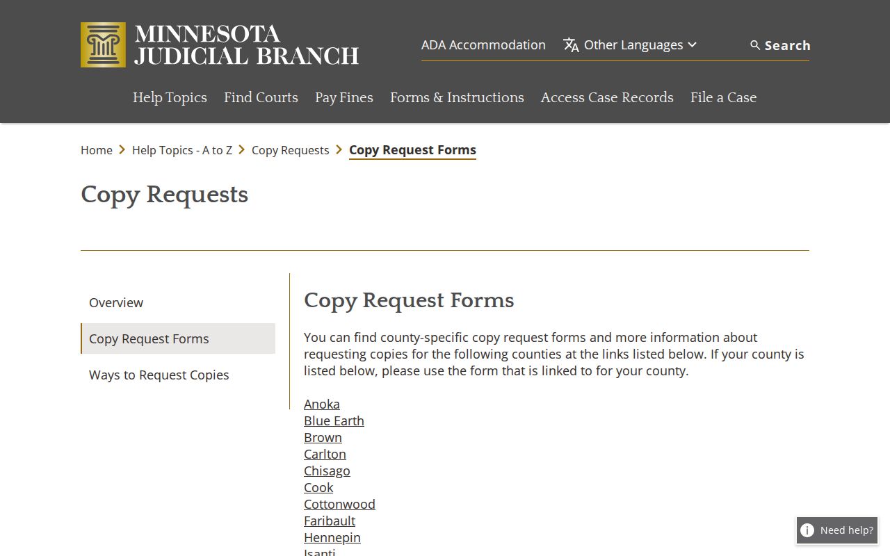 Washington County court record request form